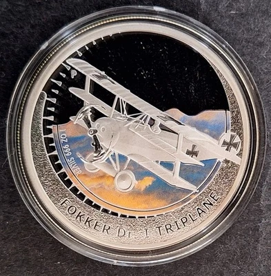 Avión de combate Tuvalu 2005: Fokker Dr I Triplane 1 oz plata (.999) moneda de $1 Foto 1 de 2