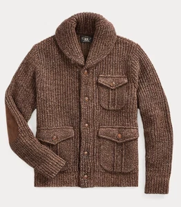 RRL Ralph Lauren Suede Elbow Patched Wool Cotton Linen Shawl Cardigan-MEN-M - Picture 1 of 5