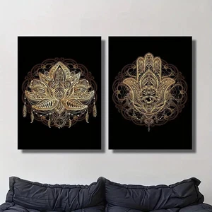 Lienzo de arte de pared intrincado para diseños de loto y tótem 2 piezas sin marco - Imagen 1 de 4