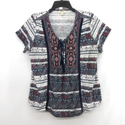 Camisa Style & Co Mujer Talla 0X Blanco Azul Rayas Cuello Corbata Cuello Campesino Top Foto 1 de 4