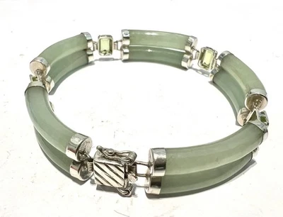 Vintage 925 Silver Double Jadeite Bars Peridot Bracelet,19.5cm, E69 - Image 1 of 4