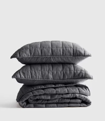NWT QUINCE EUROPEAN LINEN BOX QUILT SET FULL QUEEN DOUBLE CHARCOAL $199.90 READ! - Image 1 of 4