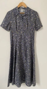 Laura Ashley Dress 12 Blue Midi Button Down Collar Short Sleeve Floral Vintage - Picture 1 of 9