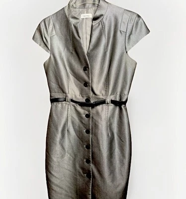 CALVIN KLEIN Gray Button Down Sheath Dress With Cap Sleeves & Thin Black Belt - Image 1 of 4