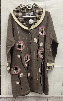 Storybook Knits Cardigan Sweater Womans Plus 2X Beaded Blooming Plaid Shawl - Image 1 of 4