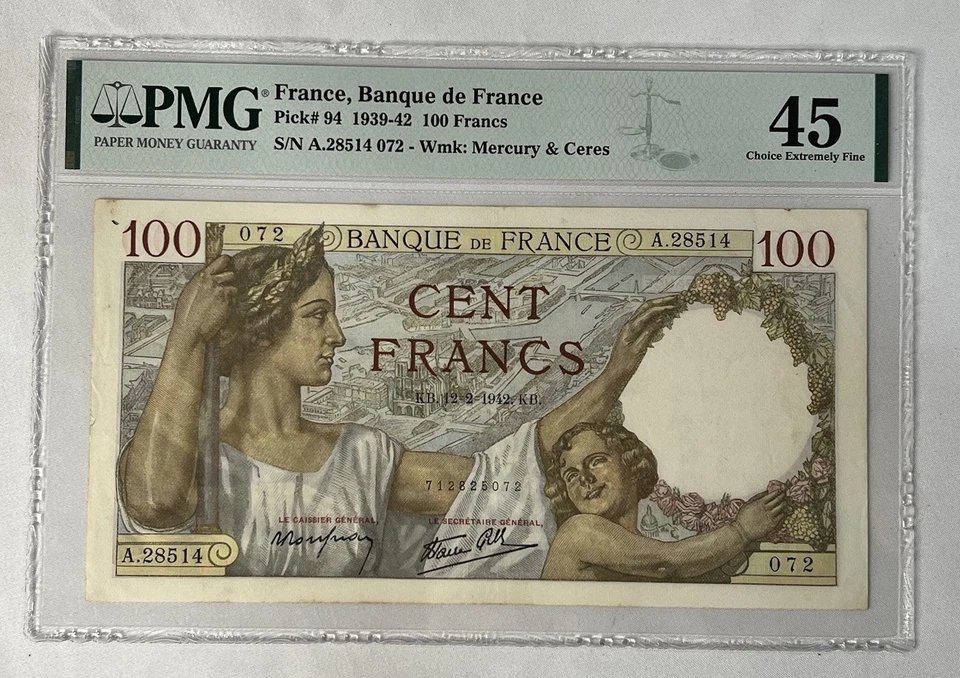 1939-42 FRANCE BANK de FRANCE 100 FRANCS PMG 45 EPQ GEM EXTREMELY FINE 🔥🔥 - Image 1 of 3
