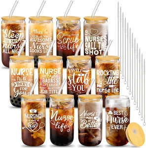 12 Pcs Nurse Gifts for Women 16 Oz Can Shaped Glass Cups with Lids and Straw Fun - Picture 1 of 6