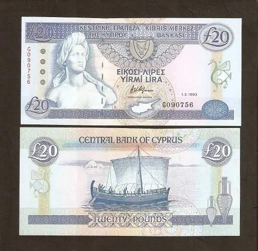 CYPRUS 20 POUNDS P56 a 1992 *ERROR* BUST EURO ART BOAT UNC RARE MONEY BANK NOTE - Image 1 of 1