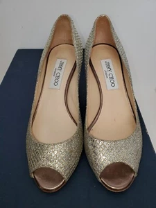 Jimmy Choo Isabel metallic gold glitter dress shoe, all leather, peeptoe,size 36 - Picture 1 of 24