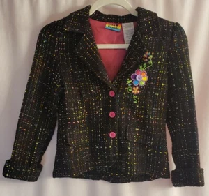 Lisa Frank Girls Black Embroidered Notch Long Sleeve Three Button Blazer Sz10/12 - Picture 1 of 7