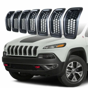 For 2014-2018 Jeep Cherokee Black Mesh Honeycomb Chrome Ring Front Grille Insert - Picture 1 of 8