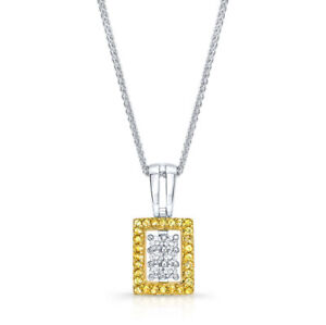 18K Gold Yellow Sapphire Diamond Rectangle Pendant Necklace Womens Round Cut