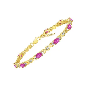 RYLOS STAR RUBY & DIAMOND TENNIS BRACELET YELLOW GOLD PLATED SILVER 7-8" - Picture 1 of 5