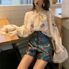 Women Bow Lace Floral Shirt Chiffon Embroidery Blouse Sheer Puff Sleeve Top