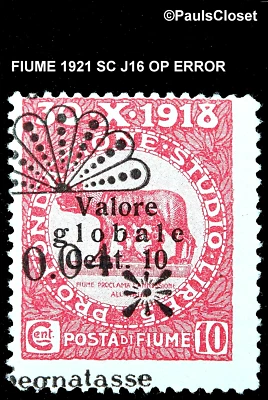 FIUME 1921 SC J15 POSTAGE DUE RARE OVER PRINT ERROR 4c ON 10c ROSE MHR OG F/VF - Image 1 of 2