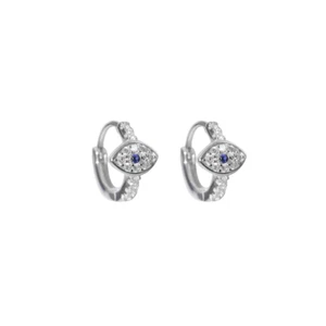 Sterling Silver Small 8mm Hoop Blue White CZ Paved Evil Eye Huggie Earrings - Picture 1 of 11