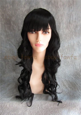 Lo último Mujeres Niña Negro Clásico Largo Ondulado Rizado Flequillo Completo Juegos con disfraces Pelucas Completas de Cabello Foto 1 de 4