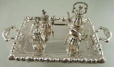 FLORAL BIRD FINIAL MINIATURE SOLID SILVER .835 TEA SET & TRAY 5 PC EASTERN MAKER