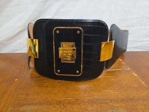 Elisabetta Franchi Black Vegan Leather Wide Belt 40 Gold Metal Logo Buckle - Picture 1 of 9