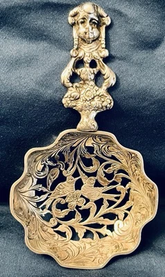 Antiguo Colador de Té Holandés Plata Ornamentado Trabajo Abierto Love Birds Sello Llave León Foto 1 de 4