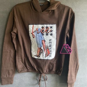 Gemstone Women’s FREE NEW YORK Brown Hoodie Small NWT Embellished - Picture 1 of 7