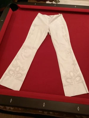 CACHE 100% Leather Floral Stitch Lined Side Zip Pants Vintage Women's 2 Ivory - Image 1 of 4