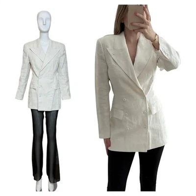 JEAN PAUL GAULTIER 复古纹理 Ecru 亚麻双排扣西装外套 — 第 1/4 张图片