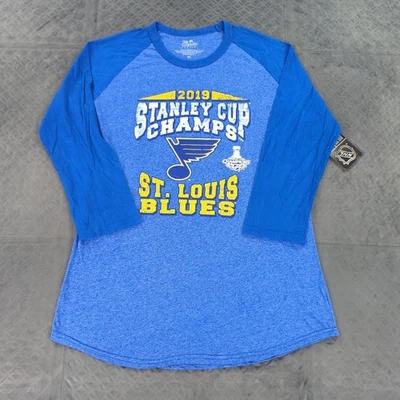 St Louis Blues Shirt Raglan Majestic Threads Stanley Cup 3/4 Sleeve Blue Men XL - Image 1 of 4