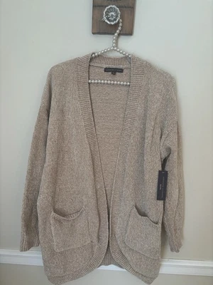 NUEVO CON ETIQUETAS Adrienne Vittadini Talla PL Cárdigan Tostado Suéter Bolsillos Brillantes Frente Abierto Foto 1 de 4