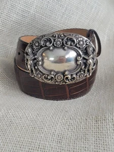 Brighton Belt Tan Cognac Croc Leather Silver Buckle with Angelic Design Size S - Picture 1 of 9