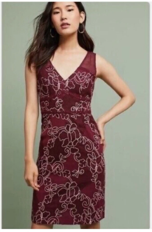 Anthropologie Moulinette Soeurs Ariana Lace Column Sheath Dress Wine Size 6 NWOT - Image 1 of 4