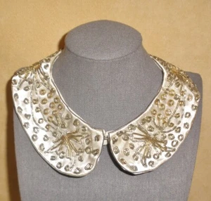 1950's White Satin Evening Collar w/ Silver & Gold Beading by Baare Beards - Picture 1 of 8