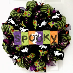 Spooky Halloween Wreath With Adorable Ghosts Handmade Deco Mesh - Picture 1 of 5