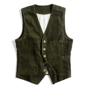 Mens Corduroy Vest Dress Vest Slim Fit Button Down Prom Formal Suit Waistcoat - Picture 1 of 9