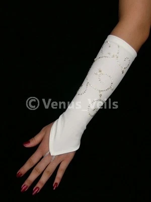 Guantes con cuentas de satén sin dedos marfil para boda nupcial de 14" Foto 1 de 2