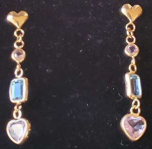 14K Dangle earring with Heart Shaped Post & Heart with Pink, White, & Blue Stone