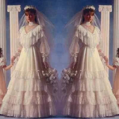 Vintage Tiered A Line Wedding Dresses High Neck Lace Appliques Victorian Bridal - Image 1 of 4