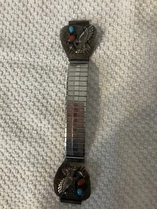 Sterling Silver Turquoise & Coral Watch Tips Southwest Design Navajo - Picture 1 of 7
