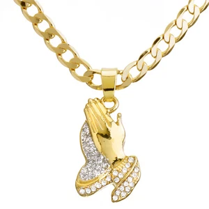 Iced CZ vergoldet Mini betende Hände Anhänger 20" Kubanische Kette Halskette CP 239 G - Bild 1 von 4