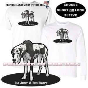 Harlequin Great Dane Dog I'm Just A Big Baby Cartoon Graphic Art White T Shirt  - Picture 1 of 3