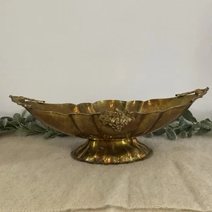 Große gehämmerte Messing Sockel Schale oval Obst Blätter Griffe Dekor Arbeitsplatte - Bild 1 von 8