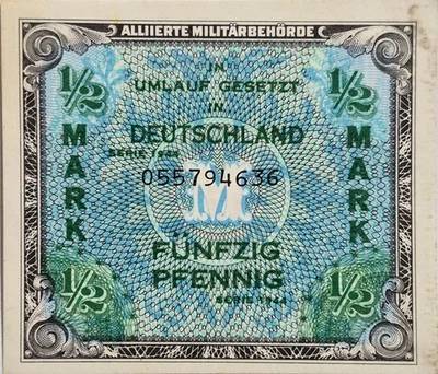 ALEMANIA 1/2 MARCO P191a 1944 EURO SIN CIRCULAR PAGO MILITAR ALIADO GUERRA MUNDIAL MPC BILLETE Foto 1 de 3
