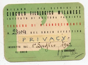 MILANESE PHILOLOGICAL CIRCLE CARD - Year 1942 - Picture 1 of 2