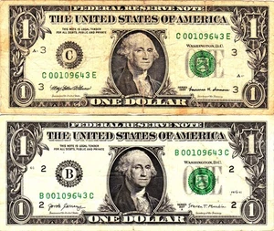 $1 2017A  1999  Fancy Serial MATCHING LOW SERIALS B00109643C  C00109643E - Picture 1 of 1