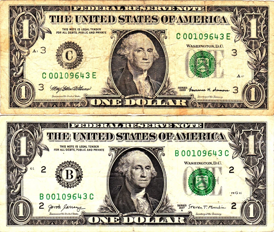 $1 2017A  1999  Fancy Serial MATCHING LOW SERIALS B00109643C  C00109643E - Image 1 of 1