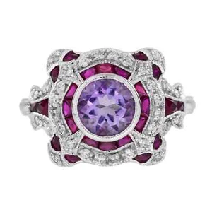 Art Deco Style Lab-Created Diamond Pink Amethyst Ruby Ring 14k White Gold Finish - Picture 1 of 11