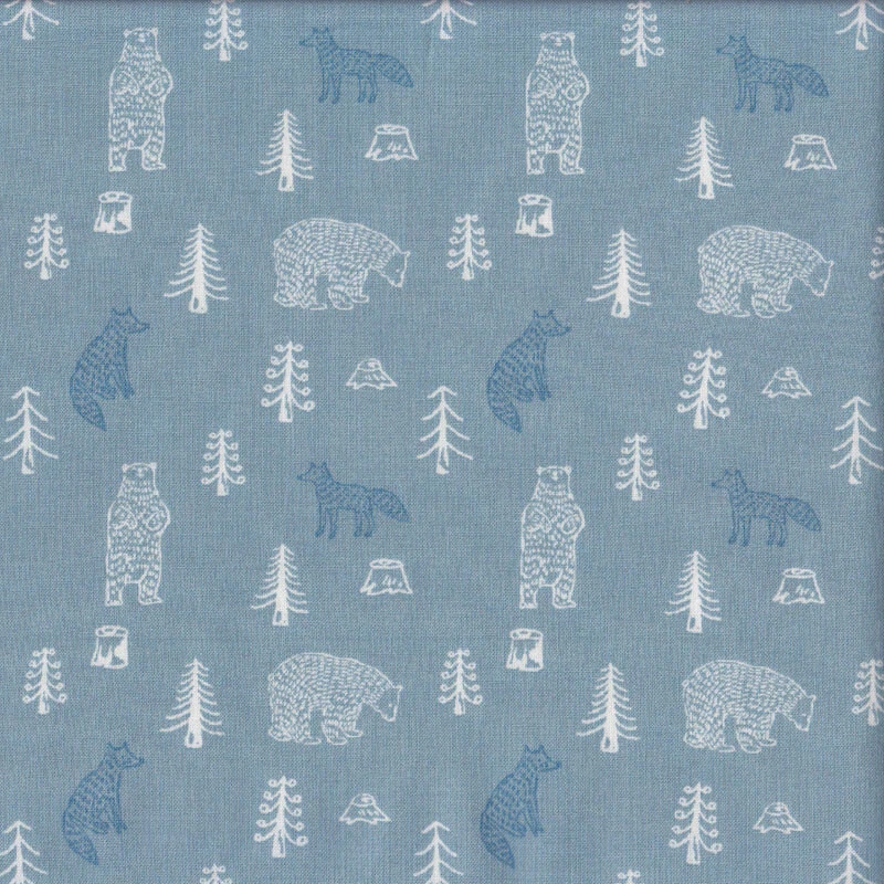 NEW Cute Foxes Bears Trees on Blue Quilting Fabric 1/2 Metre - image 1 of 1