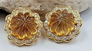 Ohrringe Citrin floral geschnitzt ausgefallener Schliff und Diamanten in 18Kt Vintage - Bild 1 von 12