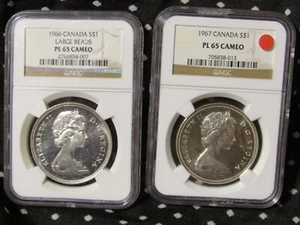 1966 & 1967 CANADA SILVER $1 DOLLARS...BOTH NGC PL-65 CAMEO..2 COIN LOT. - Picture 1 of 10
