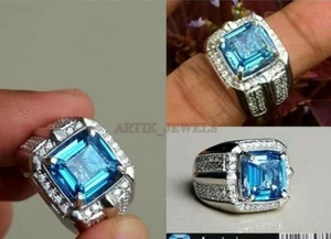 Natural Blue Topaz Gemstone with 925 Sterling Silver Ring for Men's #507 - Picture 1 of 4